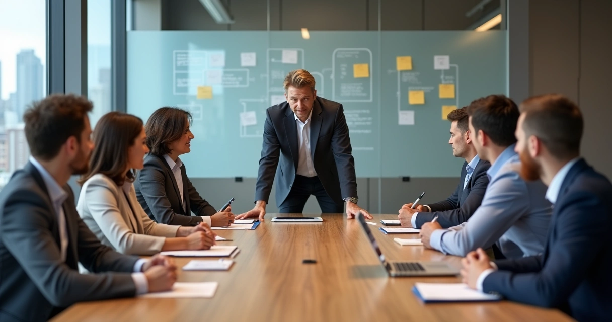 Líder discreto orientando equipe em reunião sem destaque hierárquico 