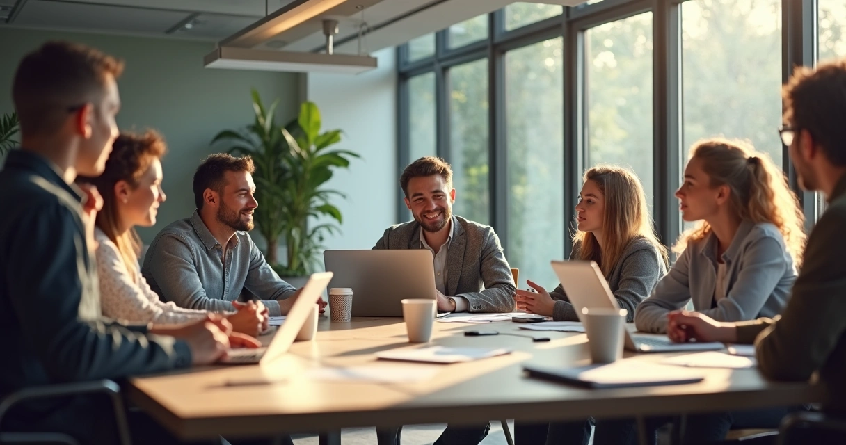 Grupo de jovens reunidos em ambiente profissional debatendo ideia 