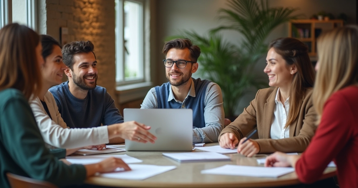 Jovem líder reunido com equipe, todos atentos uns aos outros 