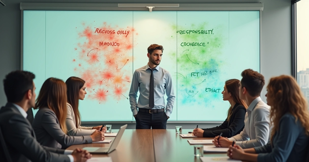 Jovem líder em reunião com equipe diversa refletindo diante de quadro com dilemas éticos 