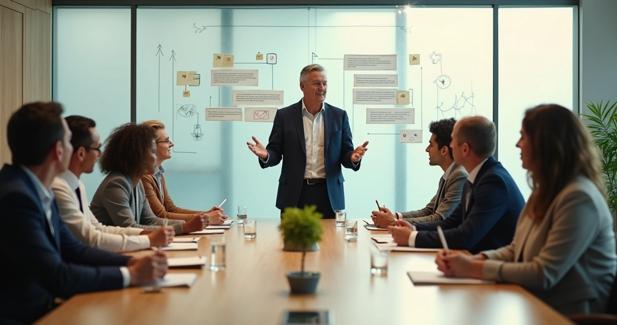 Líder apresentando visão de legado saudável para equipe em sala de reunião moderna 