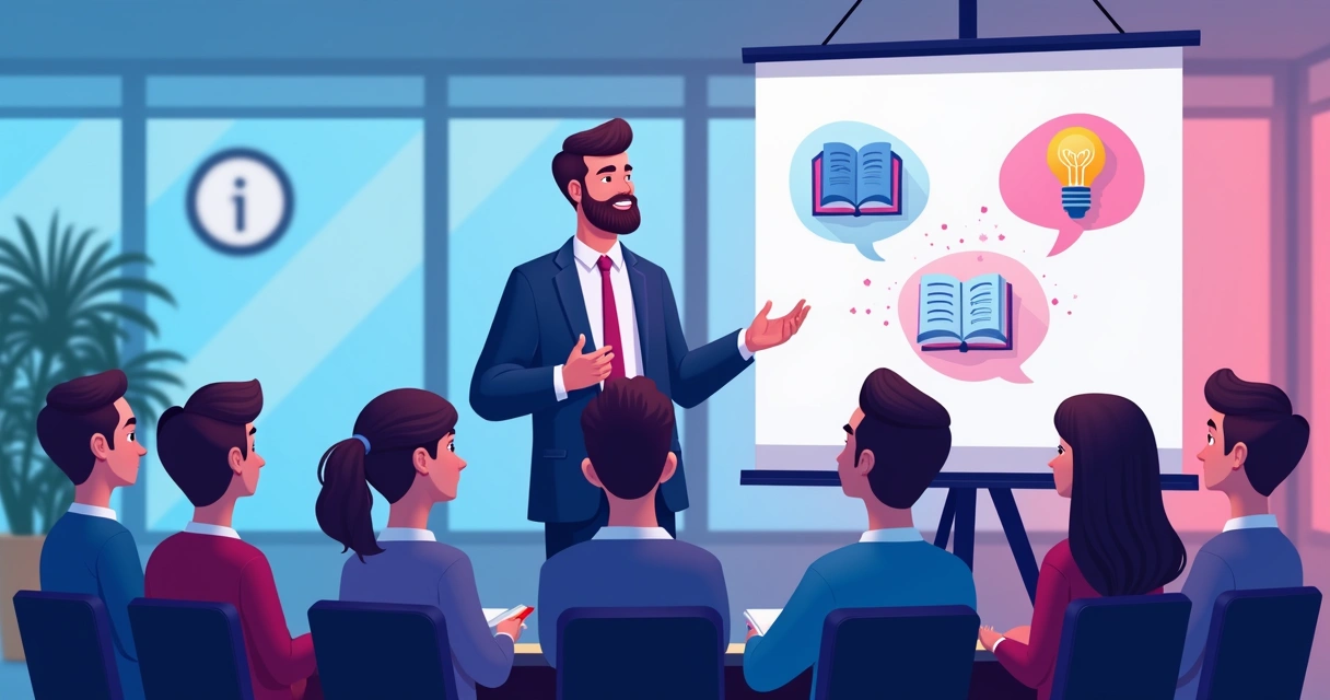 Profissional contando história para grupo em ambiente de negócios moderno. 