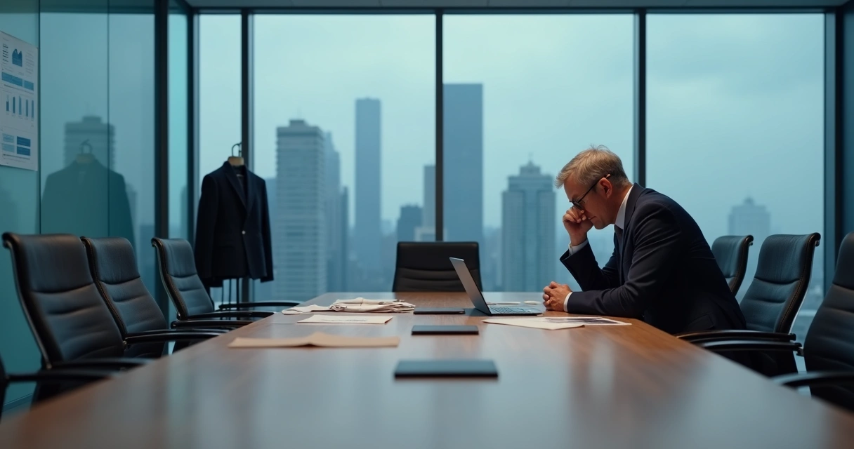 Líder pensativo em sala de reunião vazia com documentos sobre a mesa 