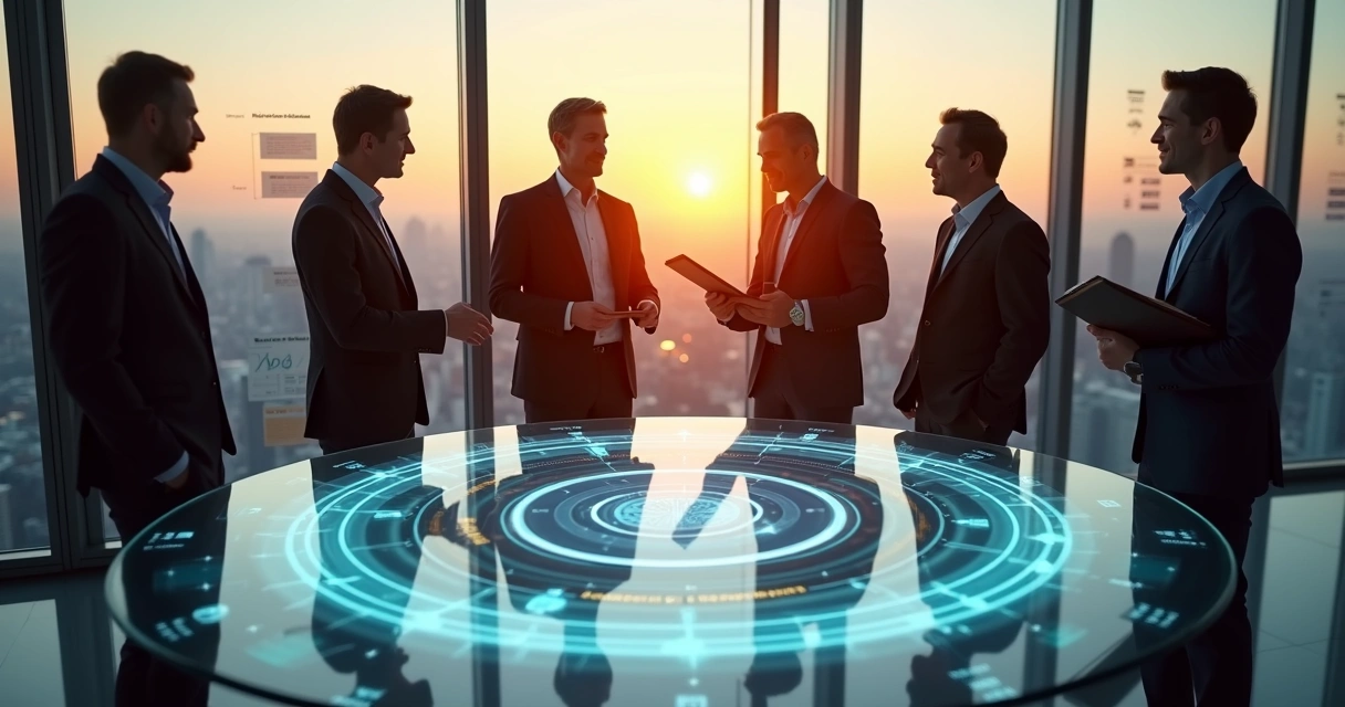Grupo diverso de líderes analisa junto um painel luminoso em formato de círculo 