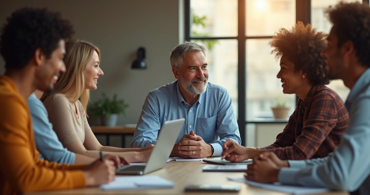 Líder escutando equipe diversificada em reunião, ambiente positivo e colaborativo 