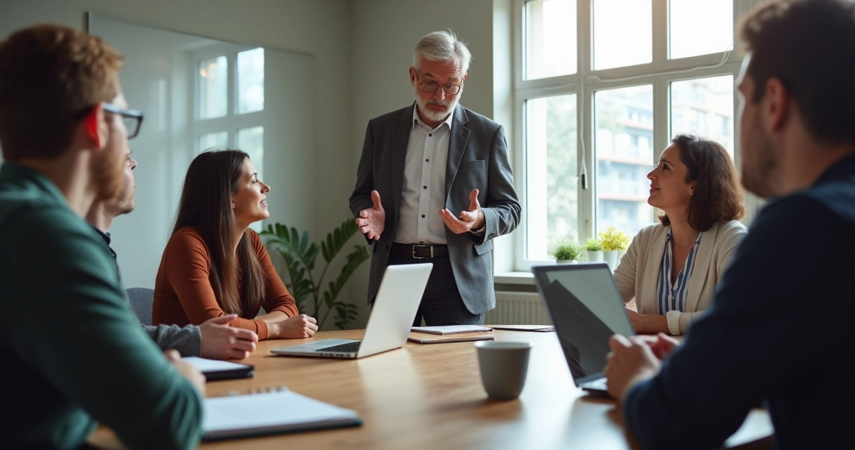 Líder facilitando discussão em grupo com comunicação aberta 
