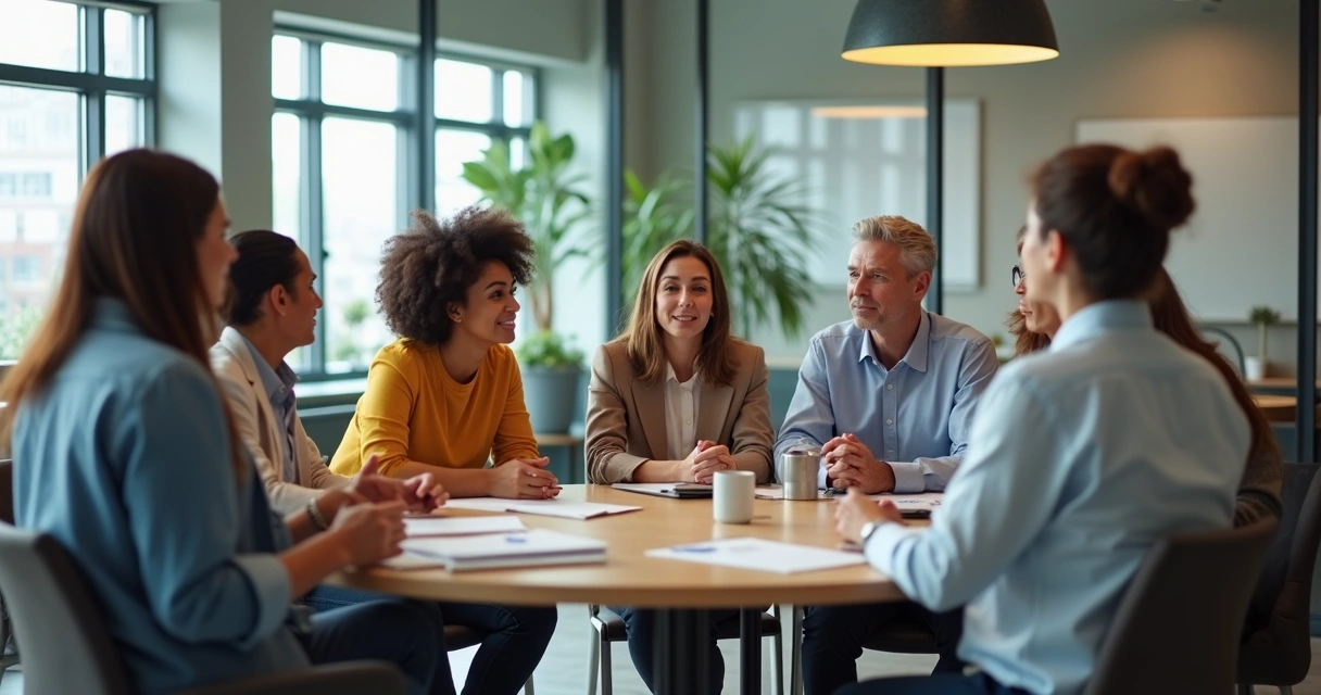 Reunião institucional com pessoas de diferentes idades colaborando, clima de escuta e compreensão mútua 