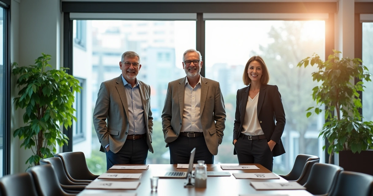 Três líderes de diferentes idades sorrindo lado a lado em mesa de reunião 