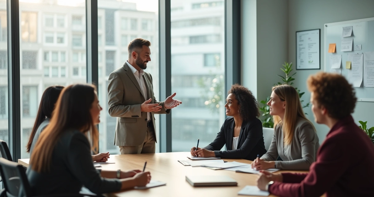 Líder facilitando reunião calma e focada com equipe diversa em escritório moderno 