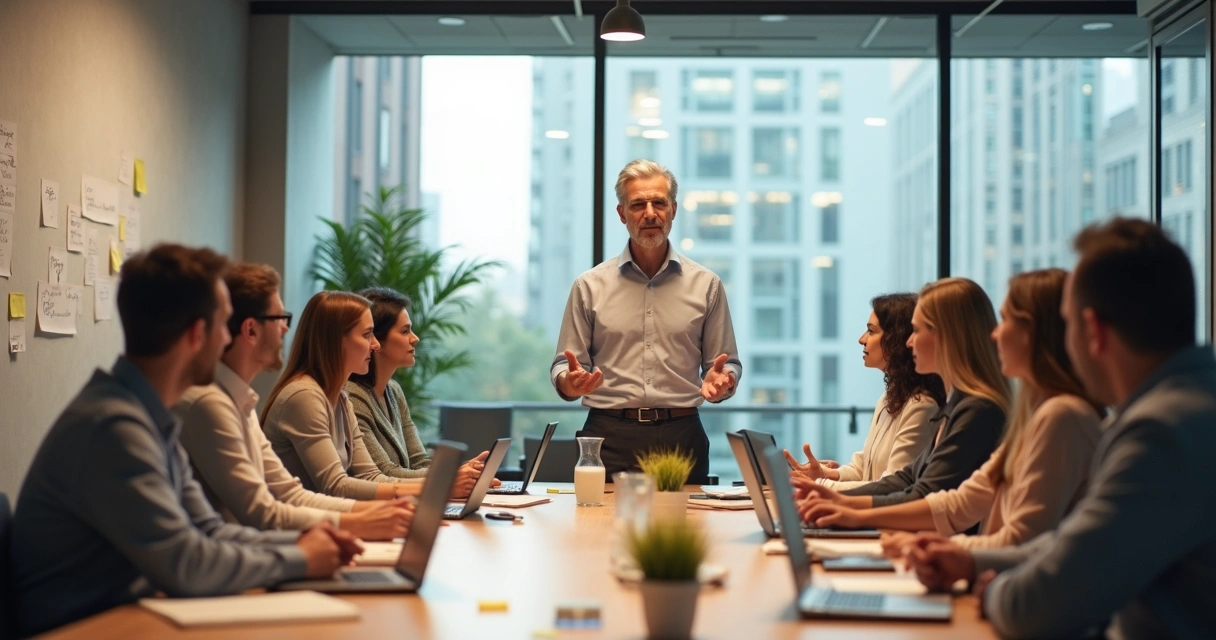 Líder em reunião guiando equipe diversa com postura calma e confiante 