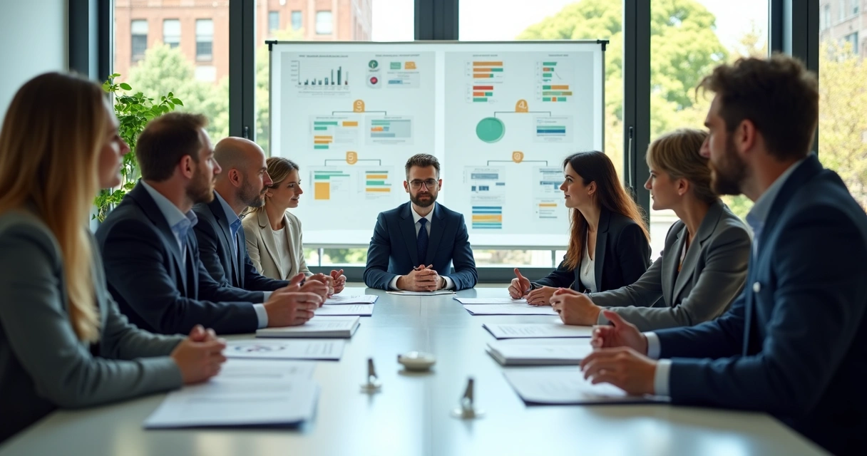 Grupo de líderes em reunião, analisando documentos e tomando decisões em conjunto, com ambiente iluminado por luz natural 