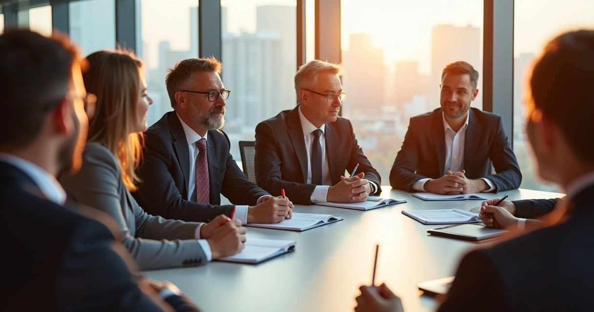 Grupo de pessoas em reunião de trabalho com líder ouvindo atentamente, ambiente empresarial iluminado.