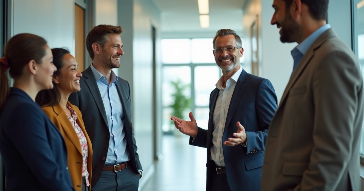 Líder conversando com equipe em corredor de empresa, ambiente moderno, pessoas sorrindo e relaxadas 