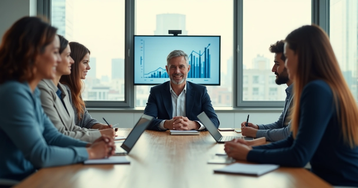 Líder em reunião guiando equipe com postura calma e confiante 