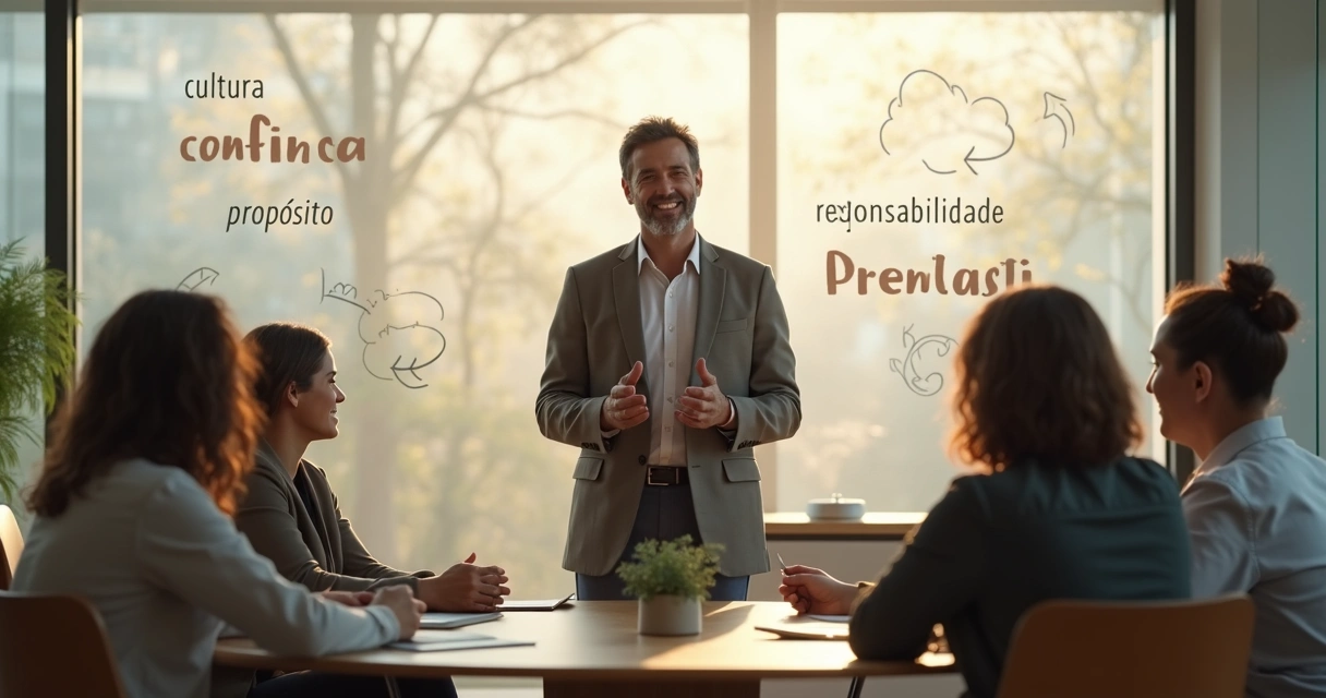 Líder sereno em reunião com equipe diversa em escritório moderno 