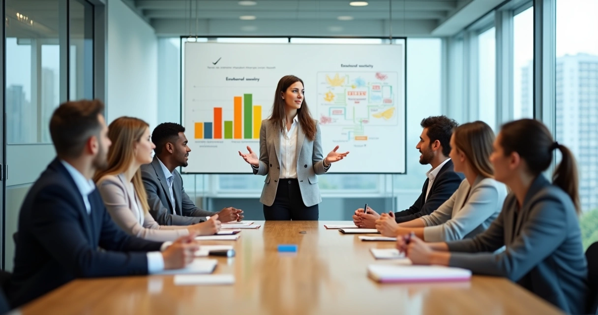 Gestora conduz reunião tranquila com equipe em escritório moderno 