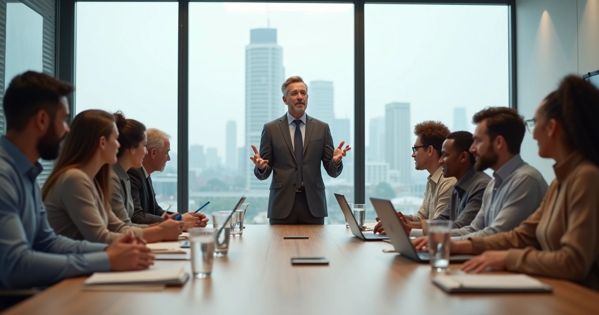 Profissional conduz reunião calma em escritório moderno com equipe atenta 
