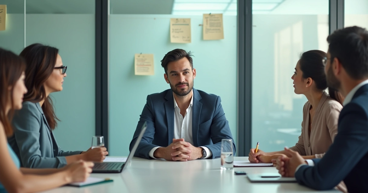 Profissional em reunião demonstrando calma e escuta atenta em ambiente de escritório moderno 