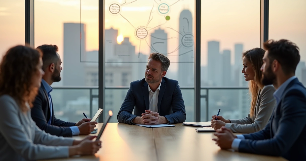 Líder em reunião guiando equipe com postura calma e madura 