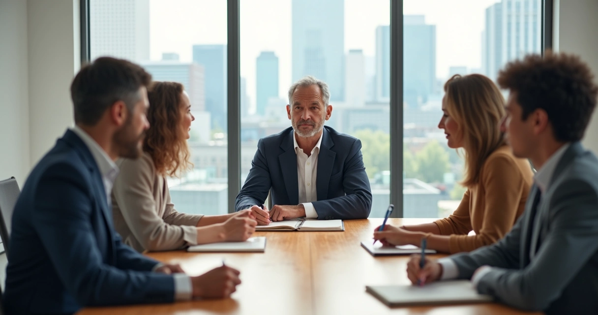 Líder sereno conduz reunião com equipe diversa em sala de reunião moderna 