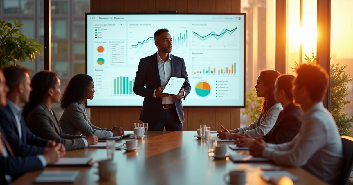 Líder em reunião analisando painel com indicadores humanos e de desempenho 