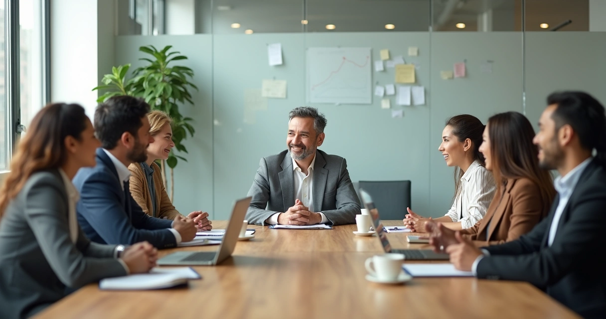 Líder em reunião ouvindo a equipe com postura calma e atenta 