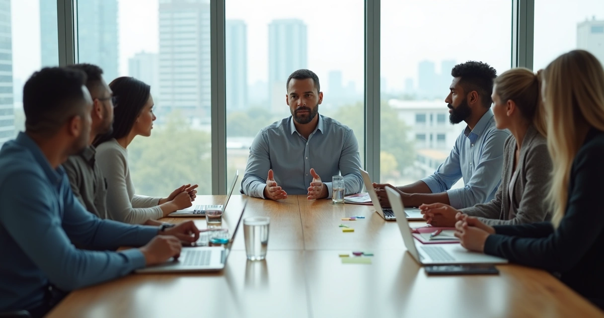 Líder sereno conduzindo reunião com equipe em sala moderna iluminada 