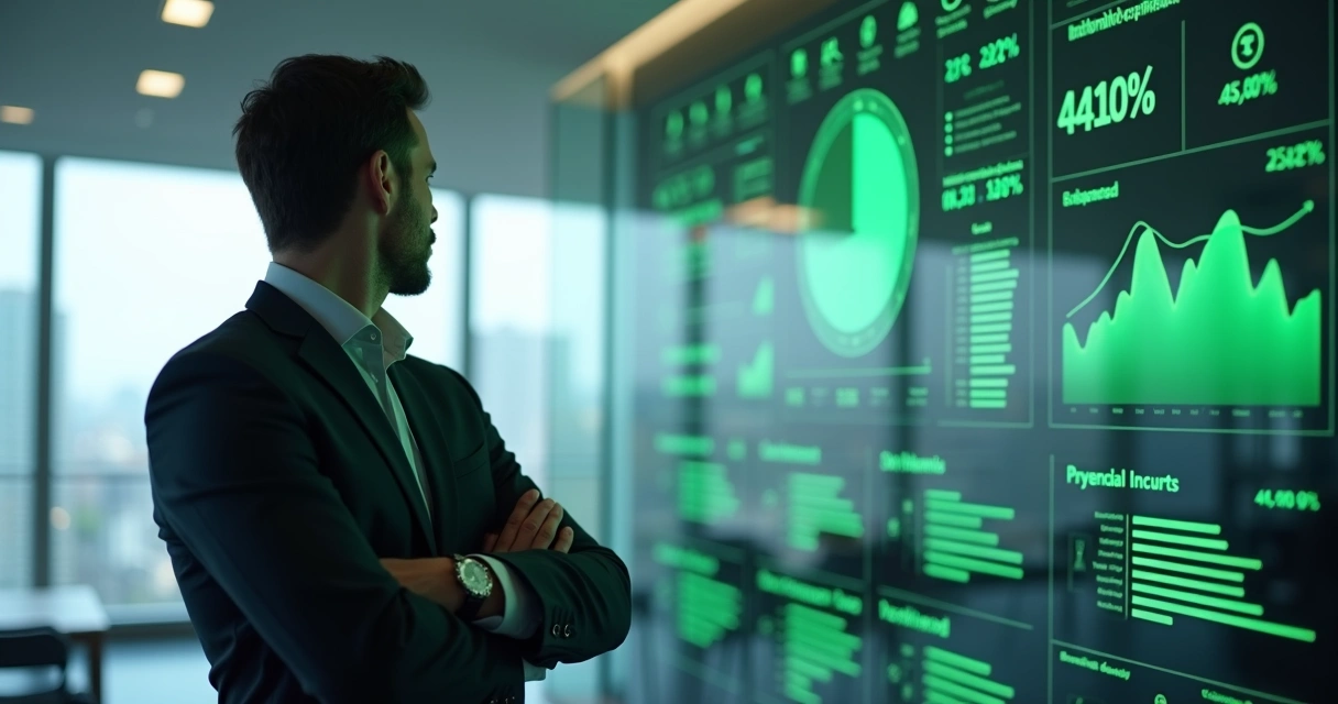 Líder empresarial de frente para painel digital indicando saúde fiscal da empresa