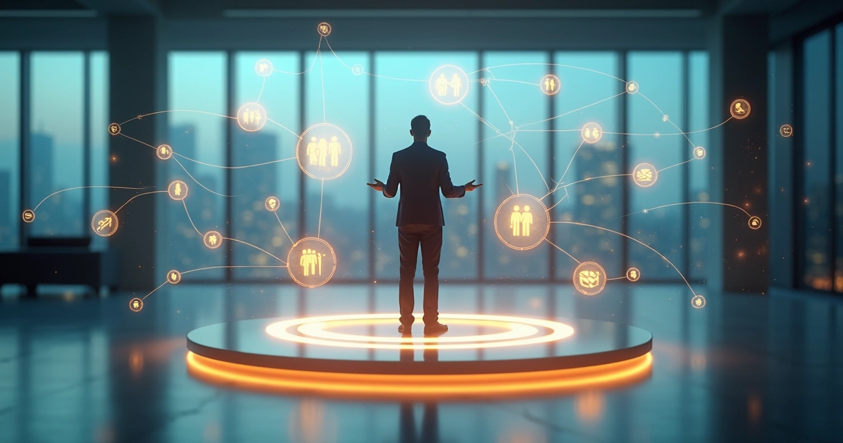 Líder em pé sobre círculo luminoso conectado a pessoas e sistemas ao redor 