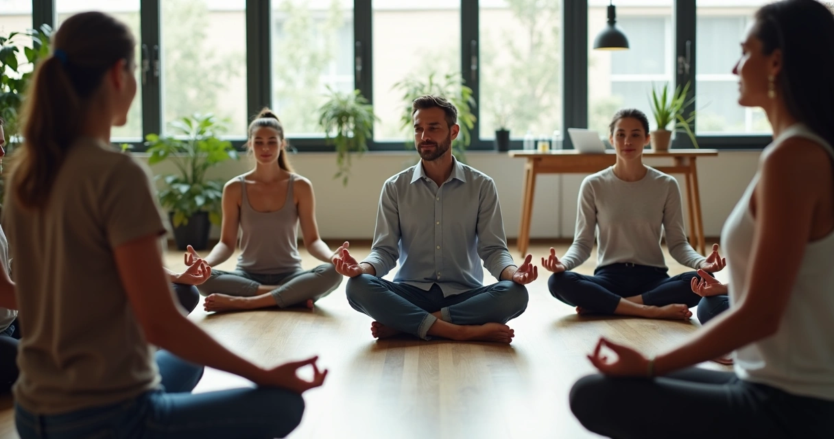 Líder em sala moderna meditando com sua equipe sentada em círculo 