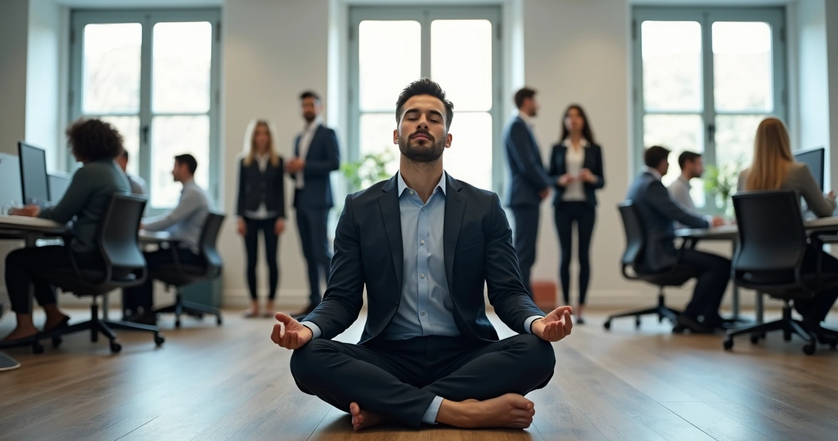 Líder sentado em posição de meditação, com equipe ao fundo em ambiente moderno de escritório 