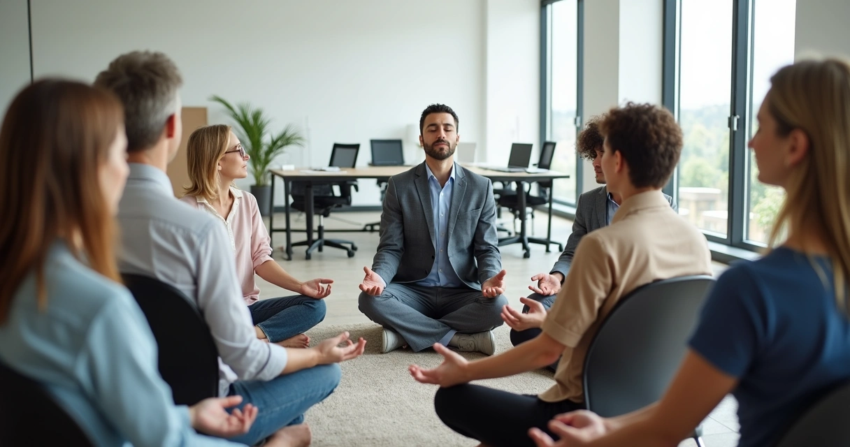 Grupo de profissionais praticando meditação juntos em ambiente de escritório 