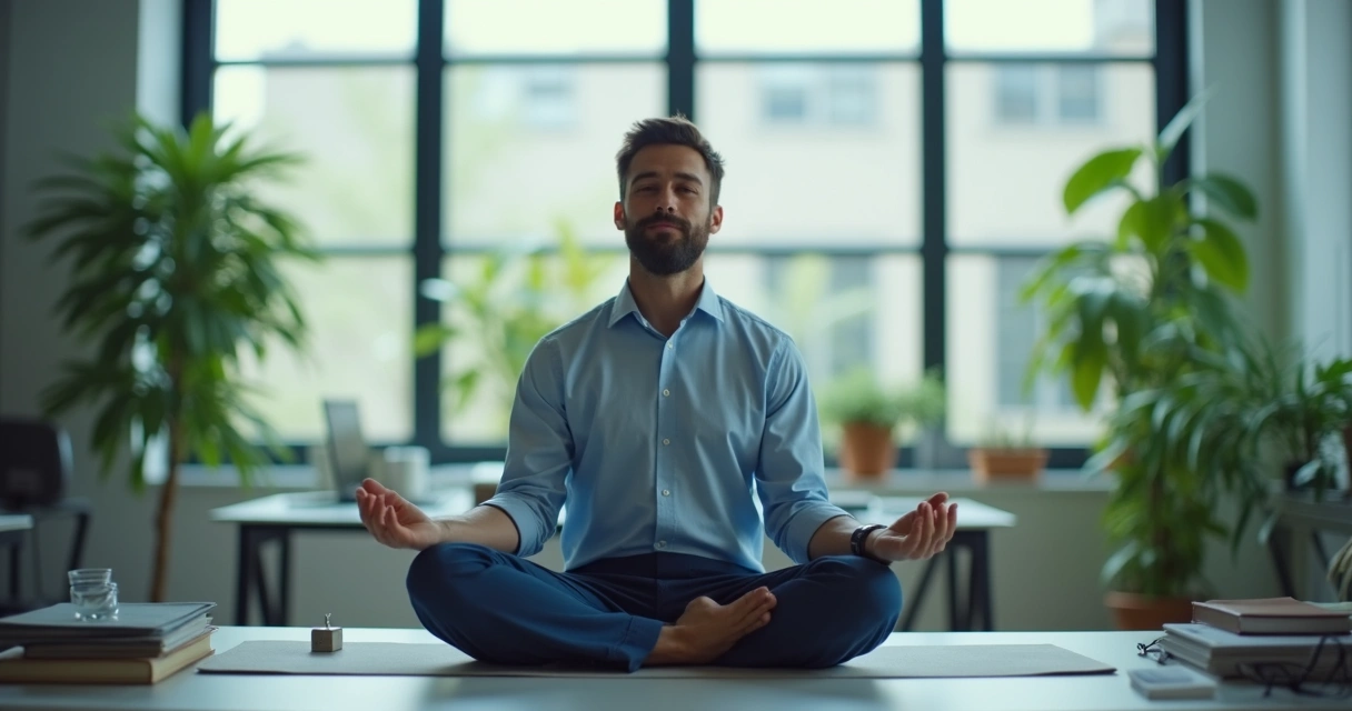 Líder sentado em postura meditativa, em ambiente de trabalho, transmitindo calma e equilíbrio
