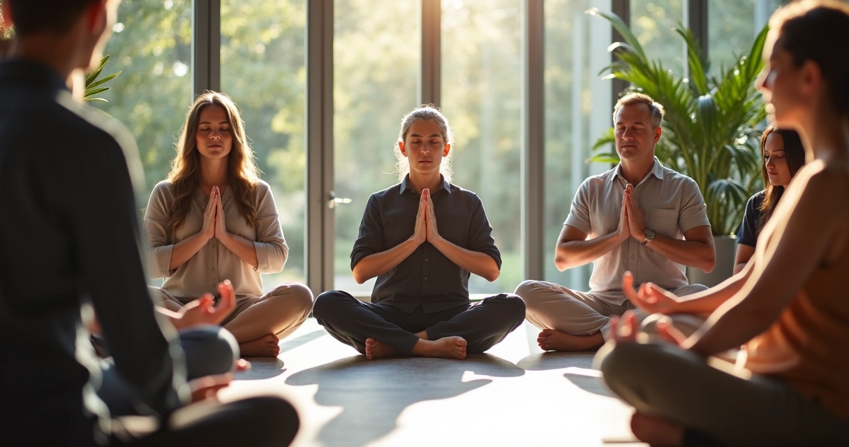 Colegas de trabalho praticam respiração consciente juntos sentados em círculo.