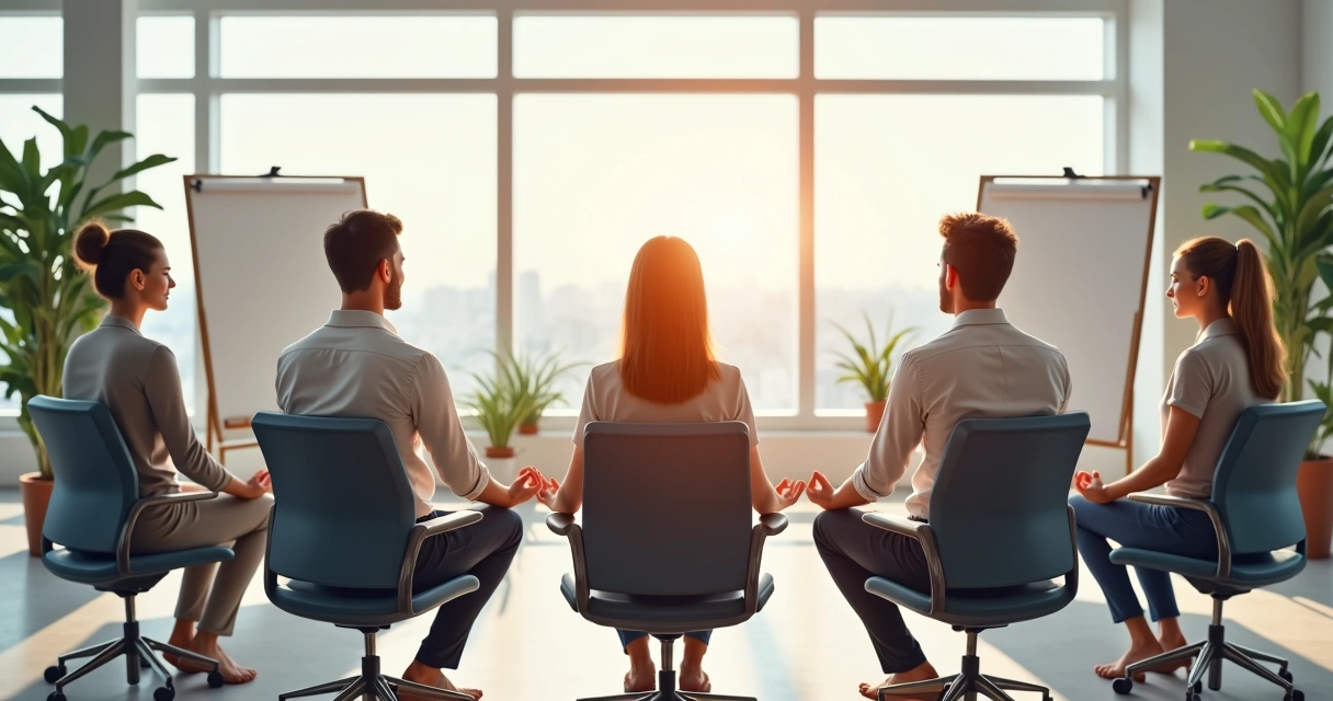 Equipe sentada em círculo praticando meditação no trabalho 
