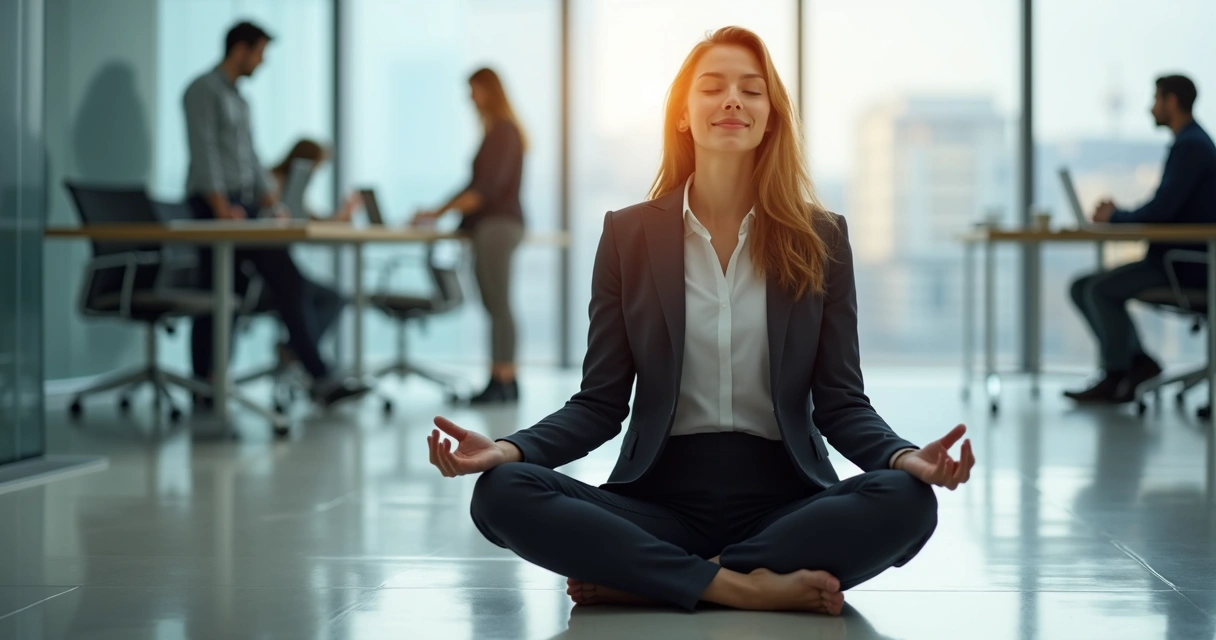 Líder sentado em posição de meditação em um escritório moderno