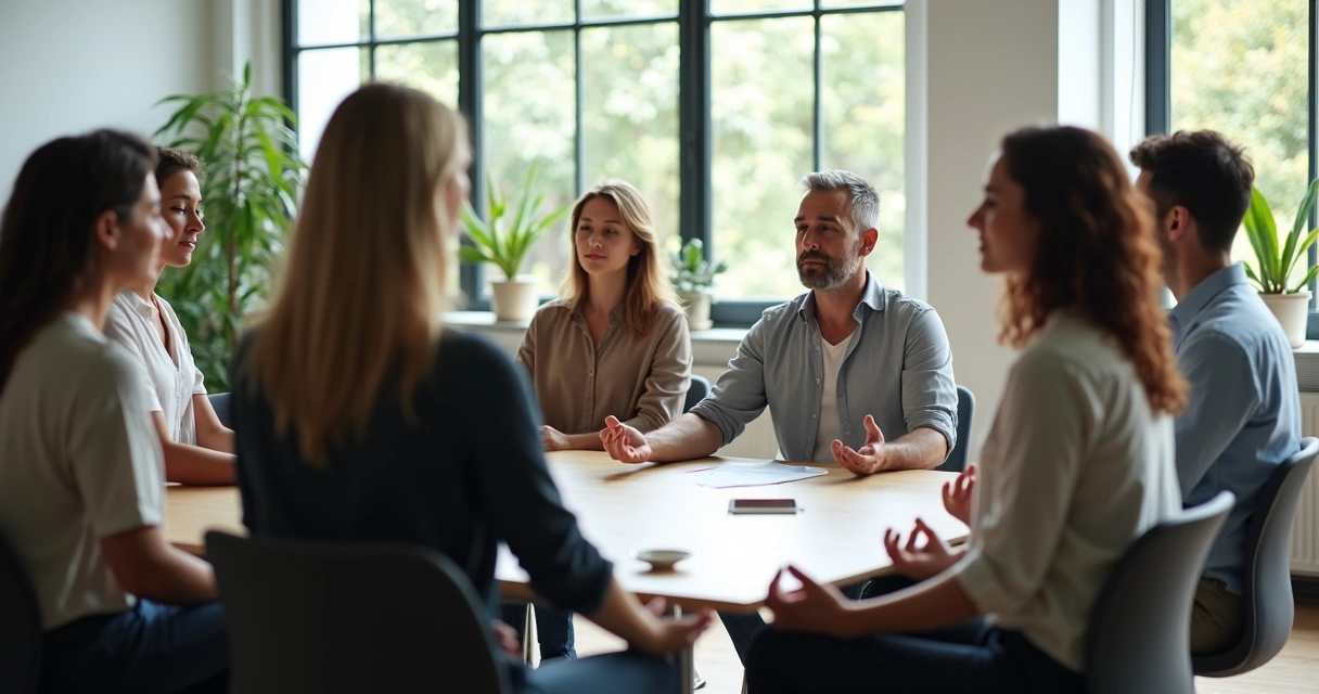 Líder junto à equipe praticando breve sessão de meditação em ambiente de trabalho leve 