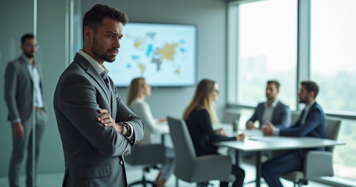 Líder em reunião olhando pela janela enquanto equipe conversa ao fundo 