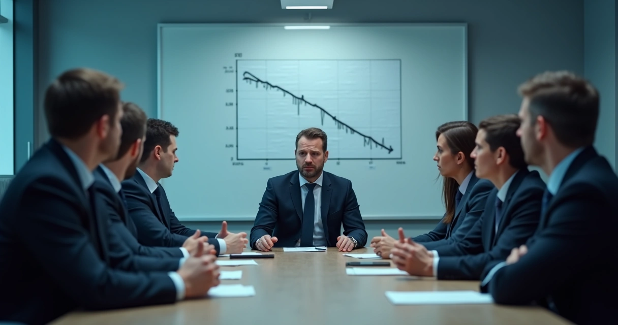 Líder pensativo com equipe ao redor em reunião silenciosa.