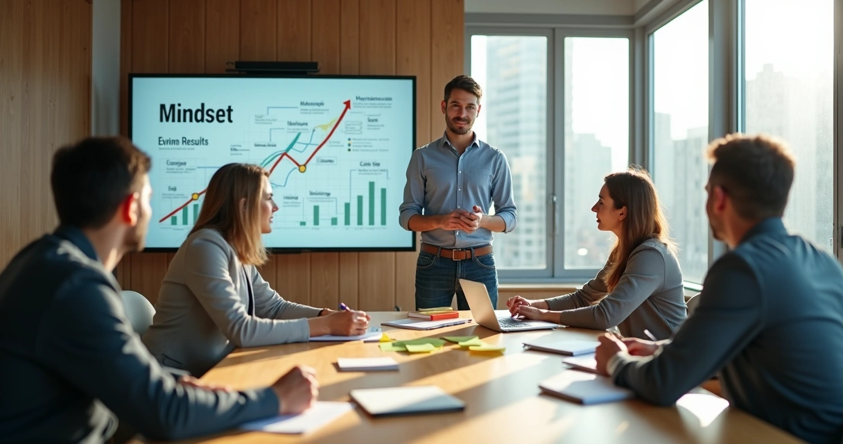 Líder orientando equipe em reunião com gráficos de crescimento ao fundo 