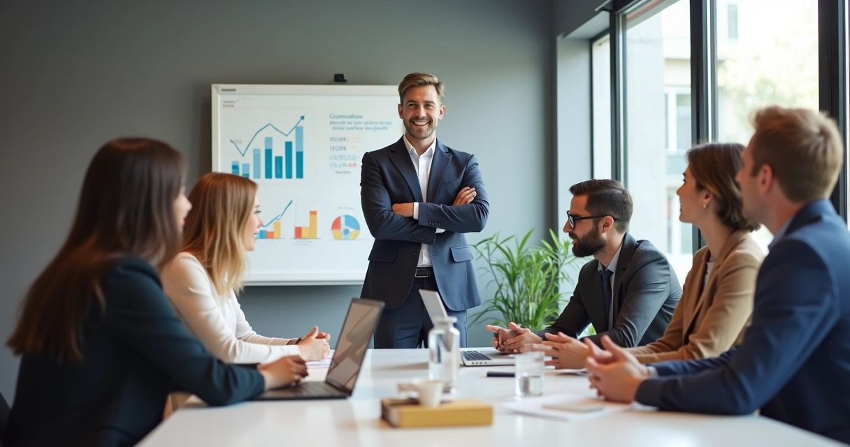 Equipe em reunião de liderança, com líder sorrindo e colaboradores atentos 