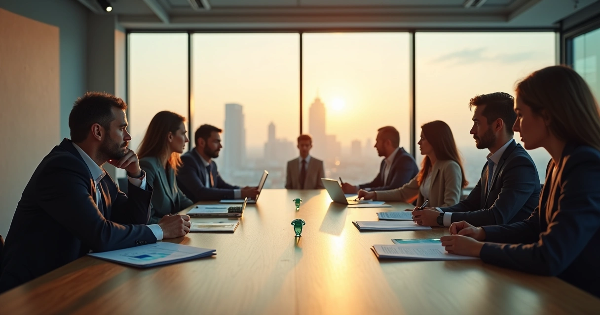 Líder em mesa de reunião observando ondas de impacto se expandindo 