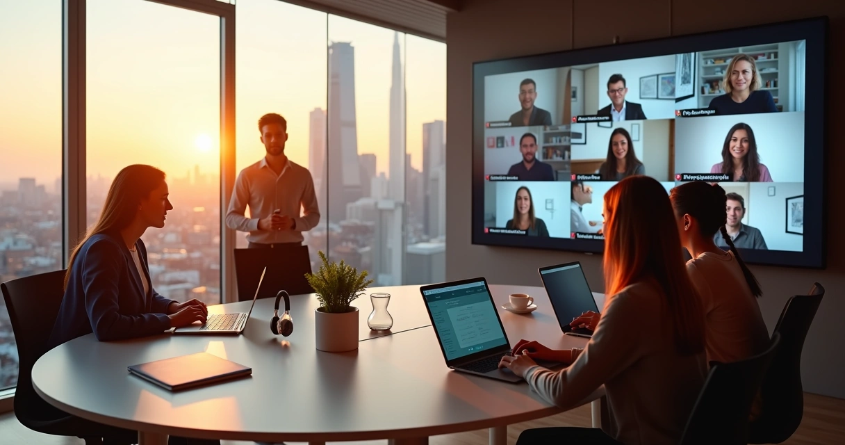Líder em videoconferência guiando equipe híbrida com foco e tranquilidade 