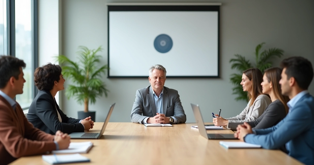 Líder em meditação guiando equipe em reunião no escritório moderno 