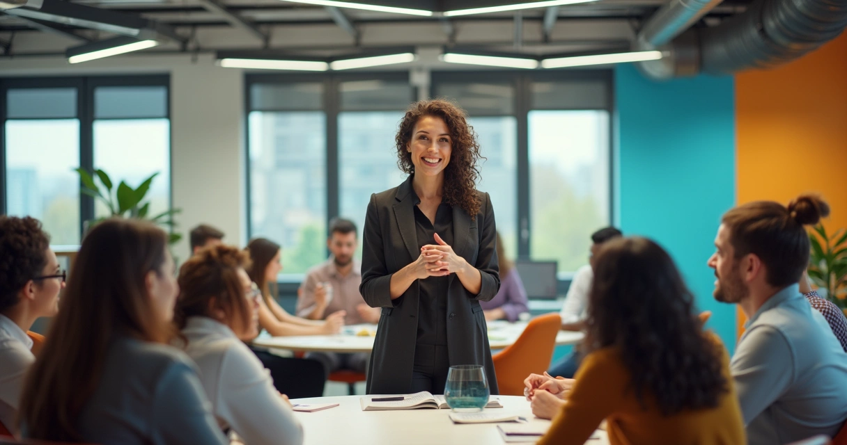 Gestora moderna liderando equipe em ambiente colaborativo. 