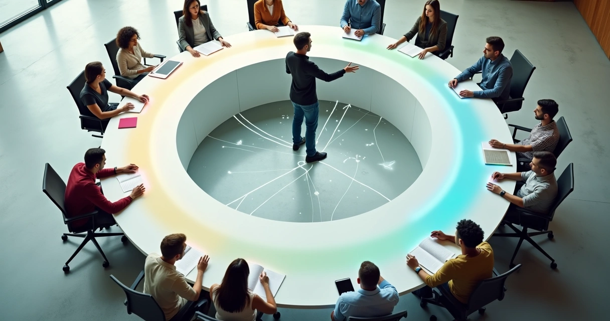 Líder facilitando discussão estratégica com grupo em sala ampla vista de cima 