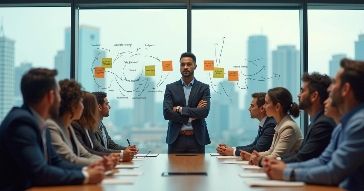 Líder conduz reunião sobre mudança consciente em organização moderna 