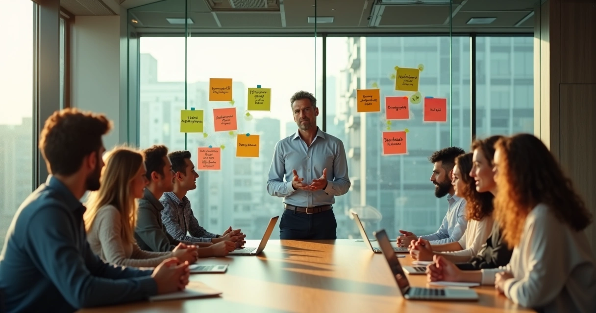 Líder facilitando mudança cultural em reunião com equipe diversa 