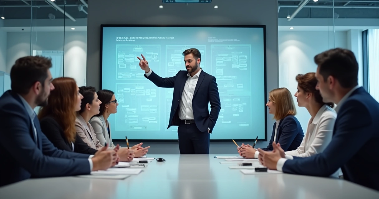 Líder orientando equipe durante uma mudança organizacional