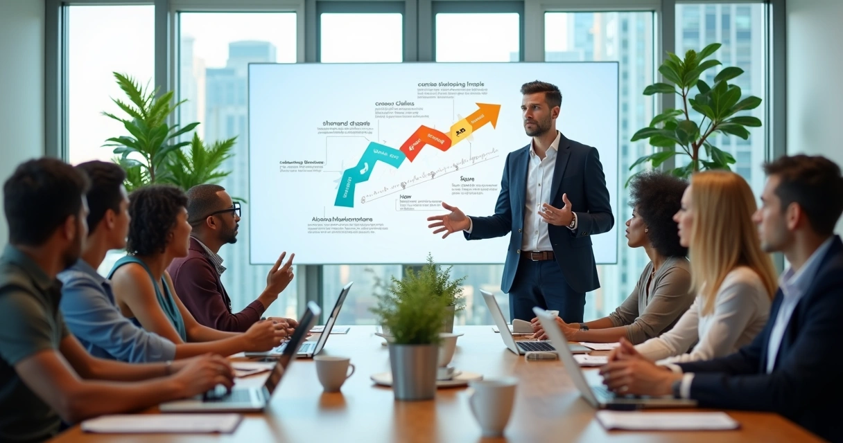 Líder apresenta mudança organizacional para equipe engajada em sala de reunião moderna 